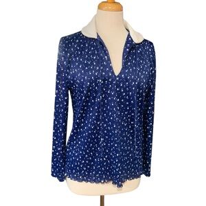 Vintage floral print blue and white collared long sleeve shirt size M